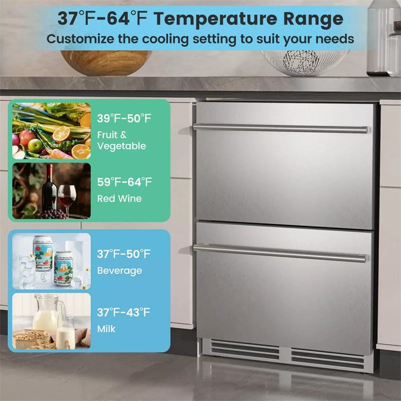 24" Dual Drawer Beverage Fridge with Adjustable Temp, Built-in/Freestanding Under Counter Beverage Cooler for Home & Commercial Use