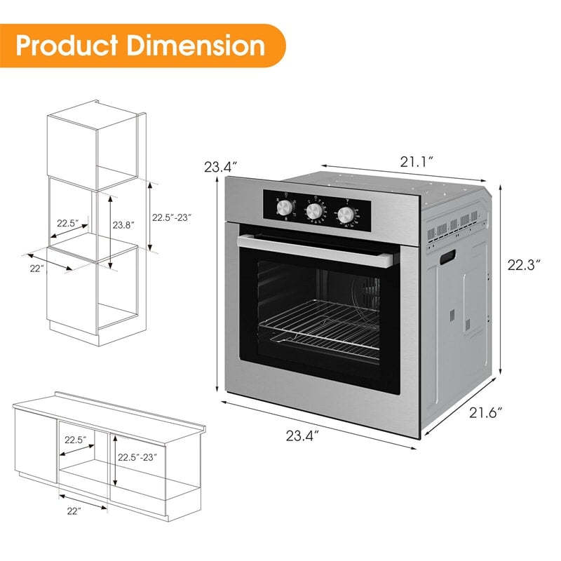 24" Electric Single Wall Oven, 2300W Built-in Wall Oven with 2.47 Cu. Ft. Capacity, 5 Cooking Modes, 360° Hot Air Circulation, Stainless Steel
