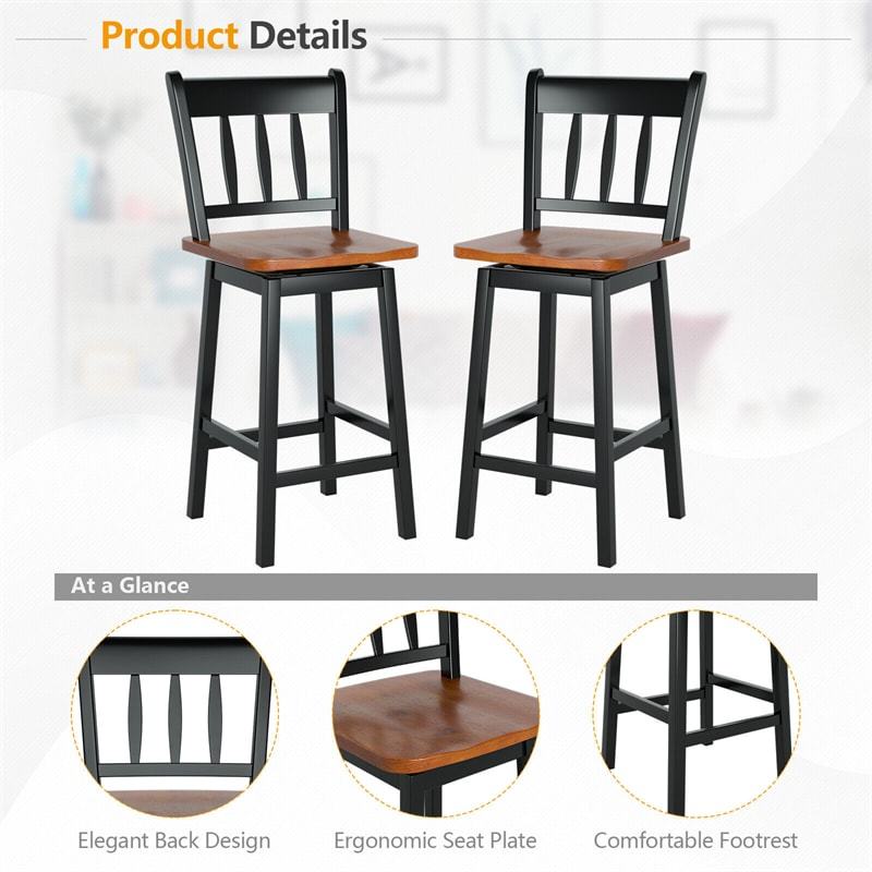 360° Swivel Bar Stools Set of 2, 24.5" Rubber Wood Counter Height Bar Chairs with Ergonomic Back & Footrest for Kitchen Island, Pub, Dining Room