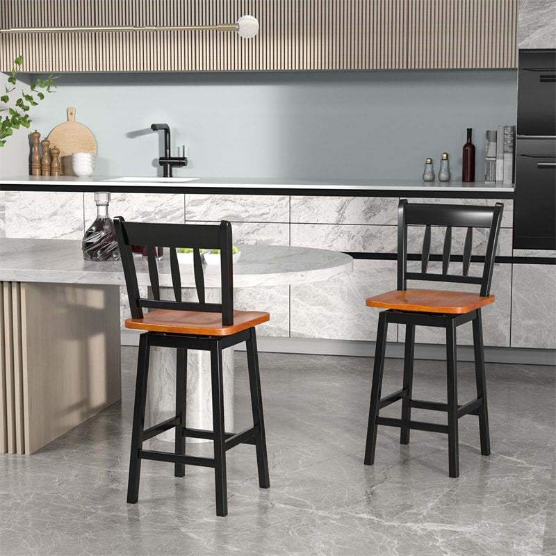 360° Swivel Bar Stools Set of 2, 24.5" Rubber Wood Counter Height Bar Chairs with Ergonomic Back & Footrest for Kitchen Island, Pub, Dining Room