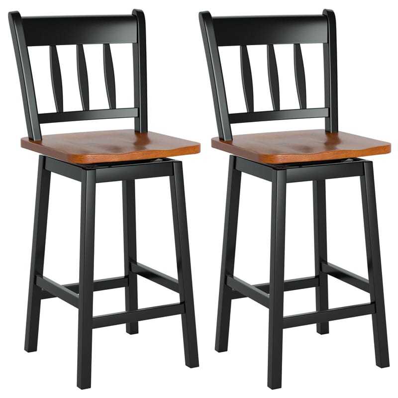 360° Swivel Bar Stools Set of 2, 24.5" Rubber Wood Counter Height Bar Chairs with Ergonomic Back & Footrest for Kitchen Island, Pub, Dining Room