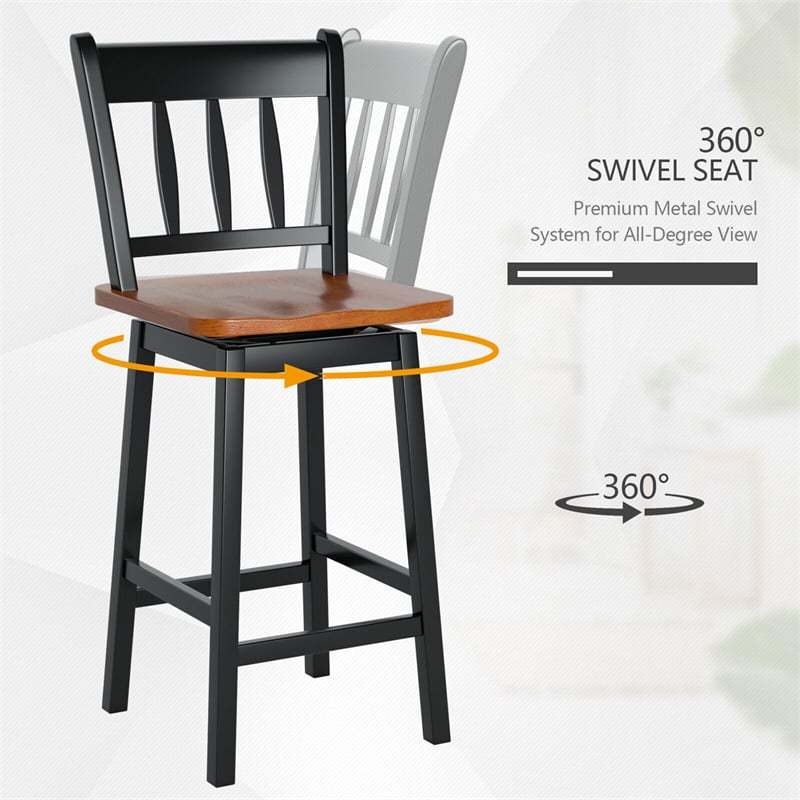 360° Swivel Bar Stools Set of 2, 24.5" Rubber Wood Counter Height Bar Chairs with Ergonomic Back & Footrest for Kitchen Island, Pub, Dining Room