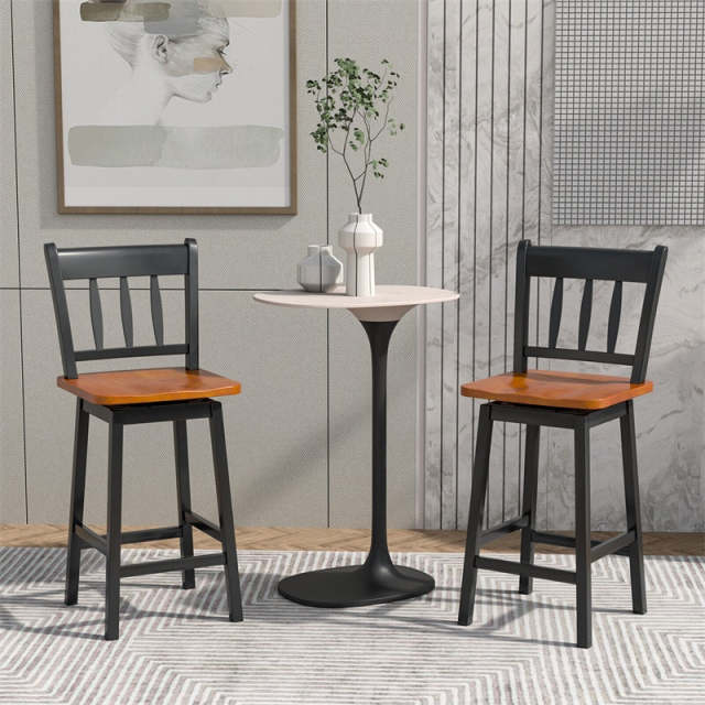 360° Swivel Bar Stools Set of 2, 24.5" Rubber Wood Counter Height Bar Chairs with Ergonomic Back & Footrest for Kitchen Island, Pub, Dining Room