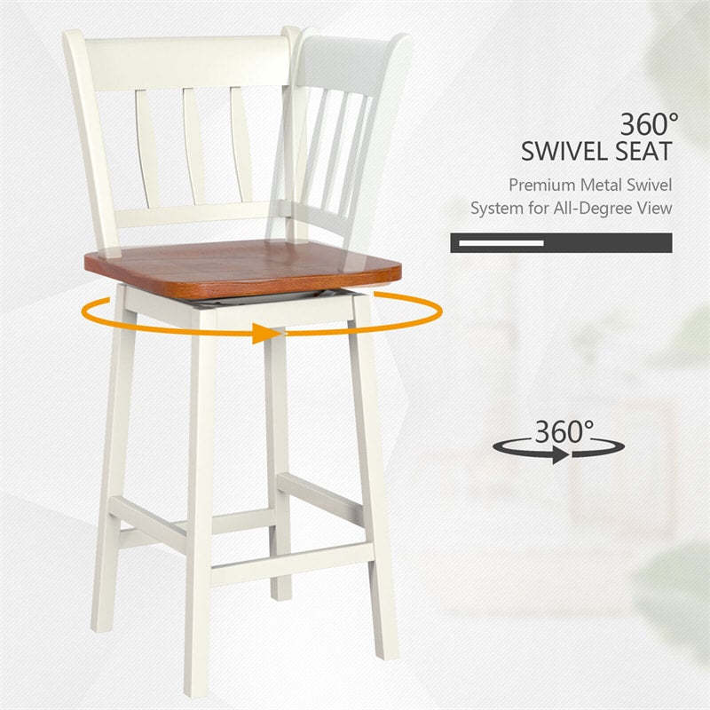 360° Swivel Bar Stools Set of 2, 24.5" Rubber Wood Counter Height Bar Chairs with Ergonomic Back & Footrest for Kitchen Island, Pub, Dining Room