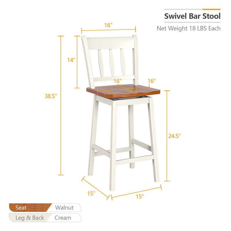 360° Swivel Bar Stools Set of 2, 24.5" Rubber Wood Counter Height Bar Chairs with Ergonomic Back & Footrest for Kitchen Island, Pub, Dining Room