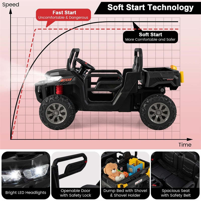 24V 2-Seater Ride-On Dump Truck, Kids Electric UTV with Dump Bed, Shovel, Remote Control & Dual Motors, Battery Powered Ride-On Car for Child