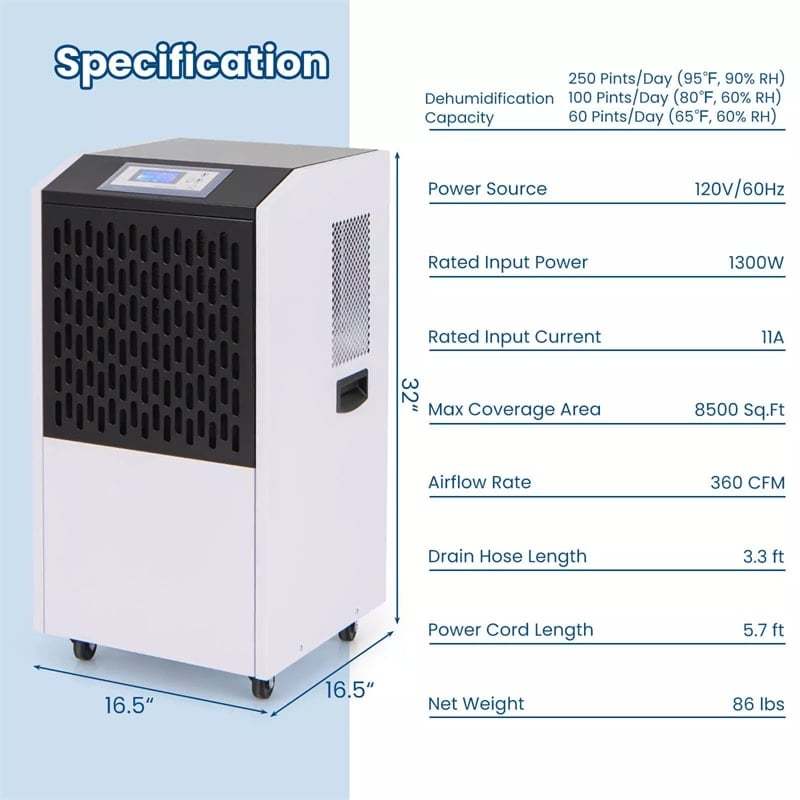 250-Pint Commercial Dehumidifier with Drain Hose, Auto Defrost & 4 Wheels, 8500 Sq.Ft Industrial Dehumidifier for Basement, Warehouse, Water Damage