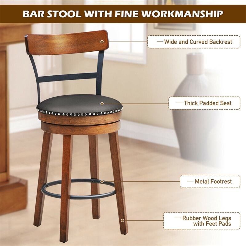 360° Swivel Bar Stools Set of 2, 25.5" Counter Height Dining Chairs with Ladder Back, Leather Padded Seat & Solid Rubber Wood Legs for Kitchen Island