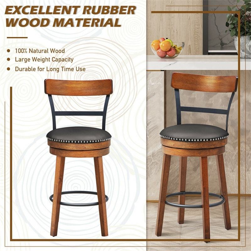 360° Swivel Bar Stools Set of 2, 25.5" Counter Height Dining Chairs with Ladder Back, Leather Padded Seat & Solid Rubber Wood Legs for Kitchen Island