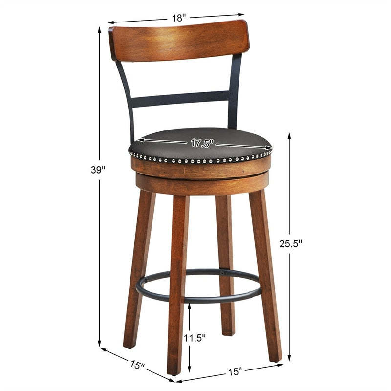 360° Swivel Bar Stools Set of 2, 25.5" Counter Height Dining Chairs with Ladder Back, Leather Padded Seat & Solid Rubber Wood Legs for Kitchen Island