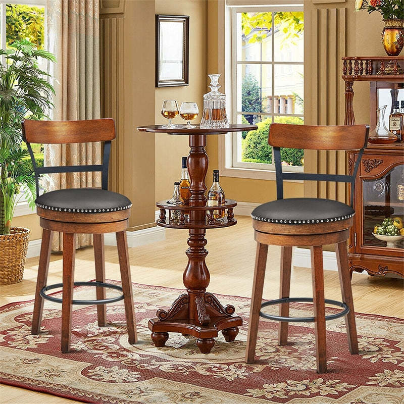 360° Swivel Bar Stools Set of 2, 25.5" Counter Height Dining Chairs with Ladder Back, Leather Padded Seat & Solid Rubber Wood Legs for Kitchen Island