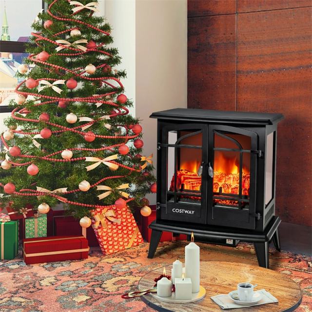 25" Electric Fireplace Stove, Freestanding 1400W Stove Heater with Realistic Flame Effect, Adjustable Temperature, Overheat Protection for Indoor Use