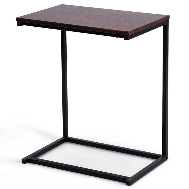 Sofa Side Table, C-Shaped End Table with Wooden Top & Steel Frame, Vintage Couch Table for Coffee, Laptop, Snack, Living Room TV Tray Table