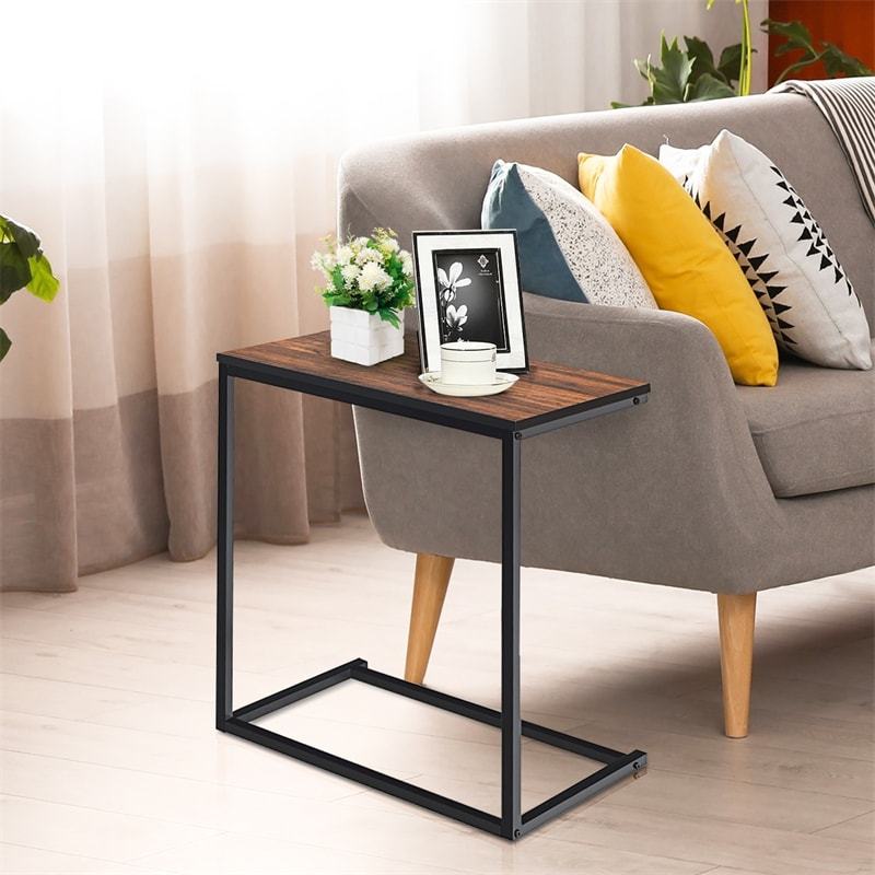 Sofa Side Table, C-Shaped End Table with Wooden Top & Steel Frame, Vintage Couch Table for Coffee, Laptop, Snack, Living Room TV Tray Table
