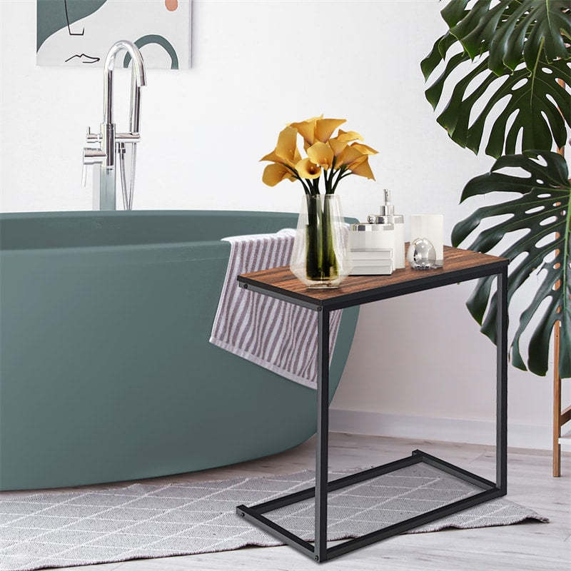 Sofa Side Table, C-Shaped End Table with Wooden Top & Steel Frame, Vintage Couch Table for Coffee, Laptop, Snack, Living Room TV Tray Table