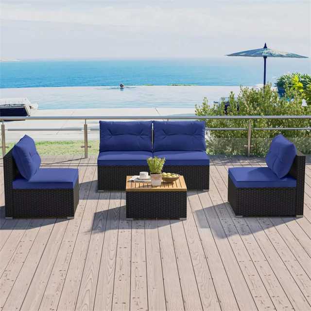 5 Piece PE Rattan Patio Sofa Set with Acacia Wood Top Coffee Table, Seat & Back Cushions, Wicker Outdoor Sectional Furniture for Backyard Garden