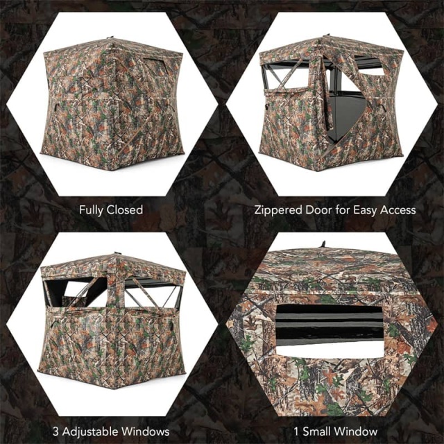 270° One-Way See-Through Hunting Blind with Door, Silent Slide Windows & Carry Bag, 3-4 Person Pop-up Camo Hunting Tent 82" Tall Deer Ground Blind