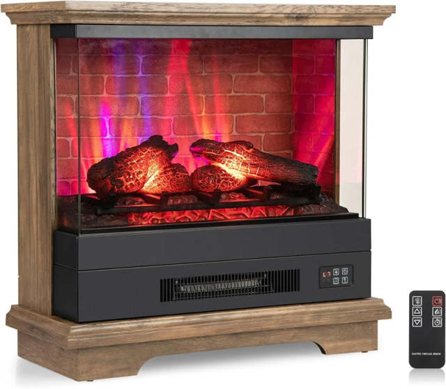 27" Electric Fireplace with Mantel, 1400W Freestanding Heater, 3-Sided Glass View, 7 Flame Colors, Remote Control, 6H Timer, Overheat Protection