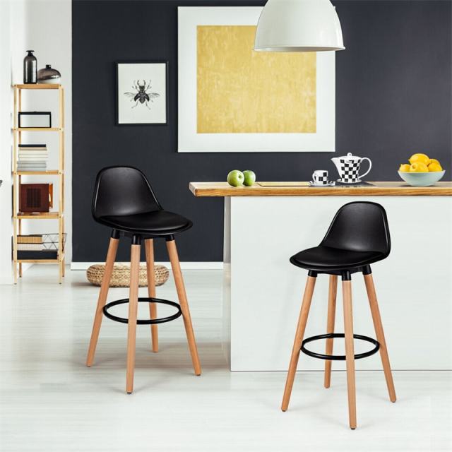 28.5" Mid-Century Barstool Set of 2 Armless Dining Pub Chair with PU Leather Seat & Round Metal Footrest