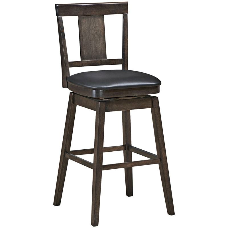 29" Wooden Swivel Bar Stool with Single Slat Back, Leather Padded Seat & Rubber Wood Legs, Bar Height Dining Chair for Kitchen Island/Pub/Living Room