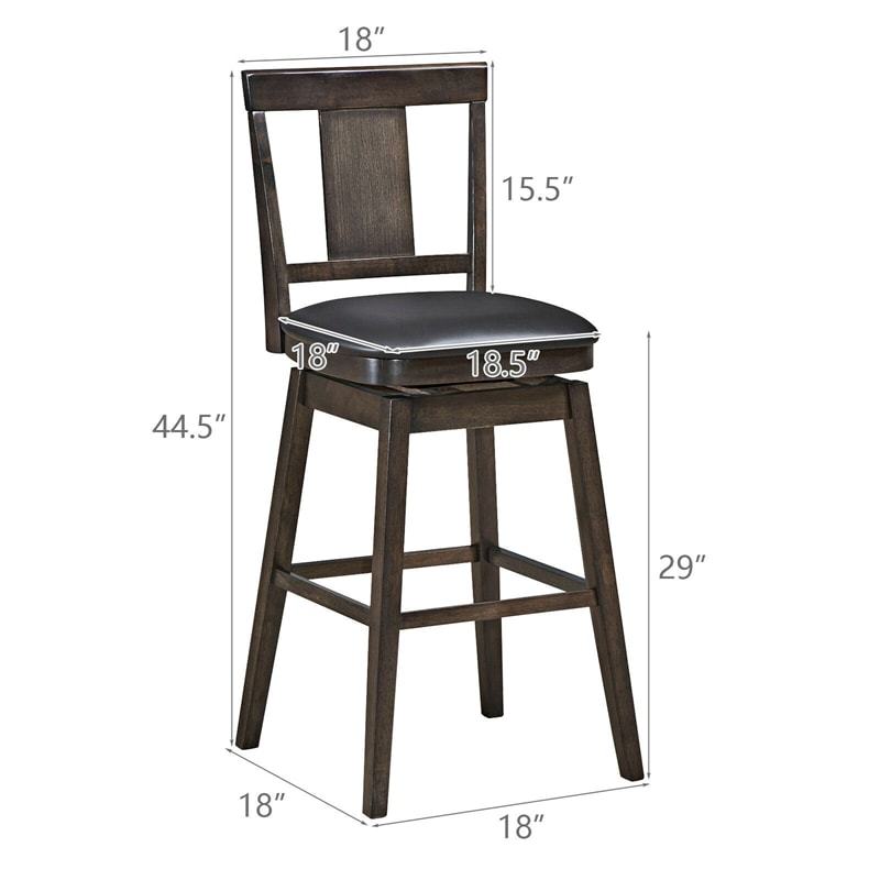 29" Wooden Swivel Bar Stool with Single Slat Back, Leather Padded Seat & Rubber Wood Legs, Bar Height Dining Chair for Kitchen Island/Pub/Living Room