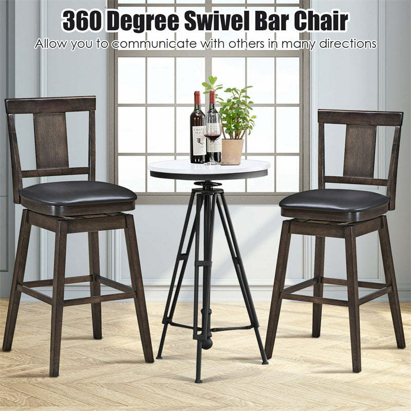 29" Wooden Swivel Bar Stool with Single Slat Back, Leather Padded Seat & Rubber Wood Legs, Bar Height Dining Chair for Kitchen Island/Pub/Living Room