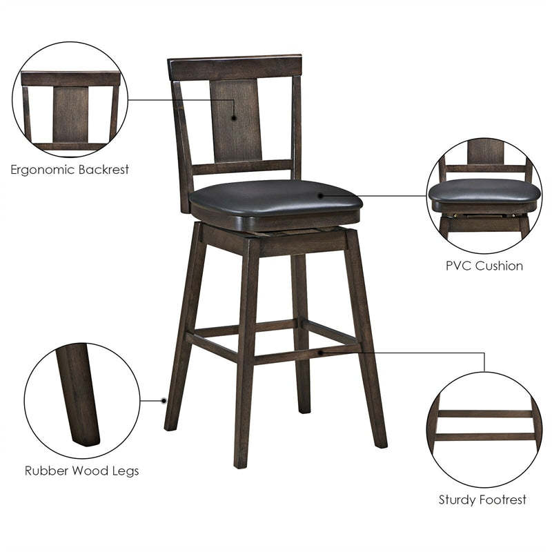 29" Wooden Swivel Bar Stool with Single Slat Back, Leather Padded Seat & Rubber Wood Legs, Bar Height Dining Chair for Kitchen Island/Pub/Living Room