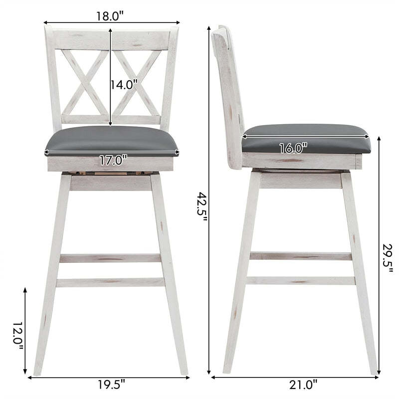 Swivel Bar Stools Set of 2, Rubber Wood 29.5" Counter Height Dining Chairs with Upholstered Cushions, Ergonomic Backrests & Footrests