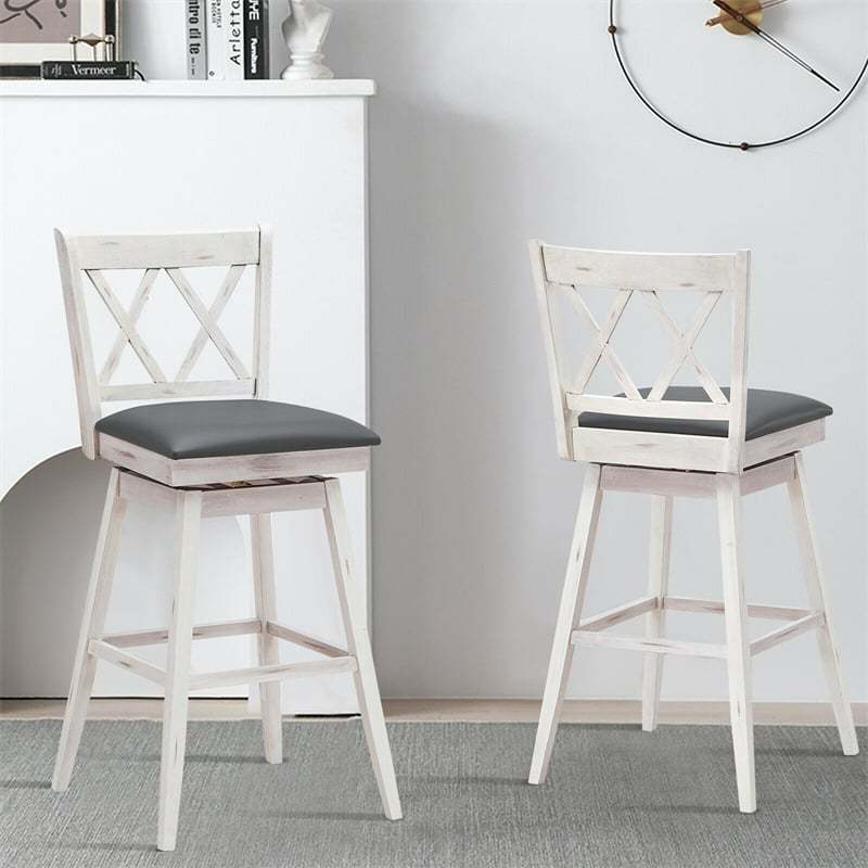 Swivel Bar Stools Set of 2, Rubber Wood 29.5" Counter Height Dining Chairs with Upholstered Cushions, Ergonomic Backrests & Footrests