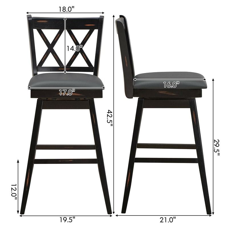 Swivel Bar Stools Set of 2, Rubber Wood 29.5" Counter Height Dining Chairs with Upholstered Cushions, Ergonomic Backrests & Footrests