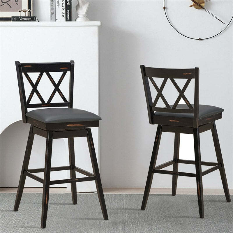 Swivel Bar Stools Set of 2, Rubber Wood 29.5" Counter Height Dining Chairs with Upholstered Cushions, Ergonomic Backrests & Footrests
