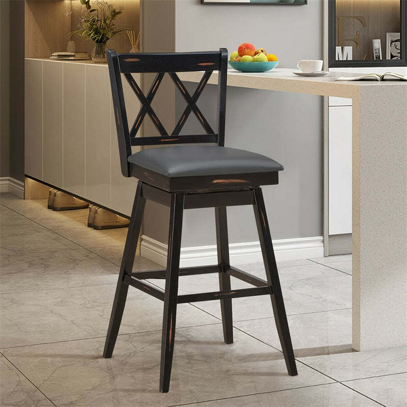 Swivel Bar Stools Set of 2, Rubber Wood 29.5" Counter Height Dining Chairs with Upholstered Cushions, Ergonomic Backrests & Footrests