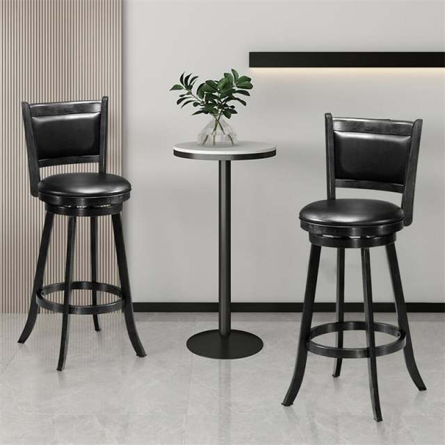 Swivel Bar Stools Set of 2, 29" Rubber Wood Bar Height Chairs with Leather Upholstered Backrests & PVC Cushioned Seats for Kitchen Island & Pub