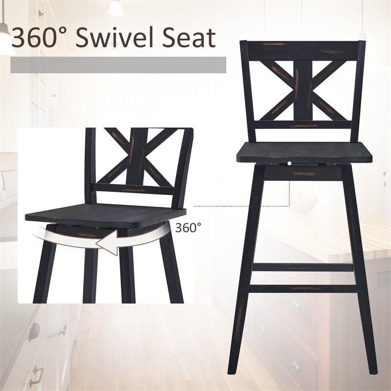 29" Wooden Bar Stools Set of 2, Swivel Counter Height Dining Chairs with Back & Non-Slip Foot Pads for Kitchen Island, Pub, Dining Room