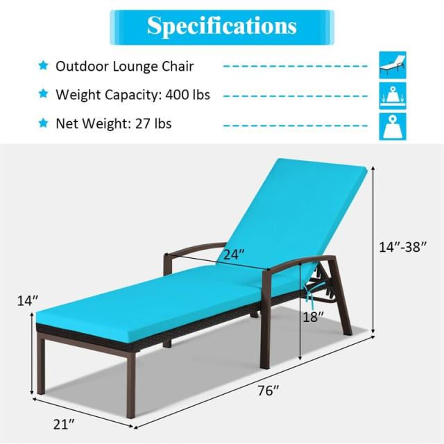 2PCS Wicker Outdoor Chaise Lounge Chairs with Cushions & 5 Adjustable Backrest, PE Rattan Patio Sun Loungers for Poolside, Backyard, Deck
