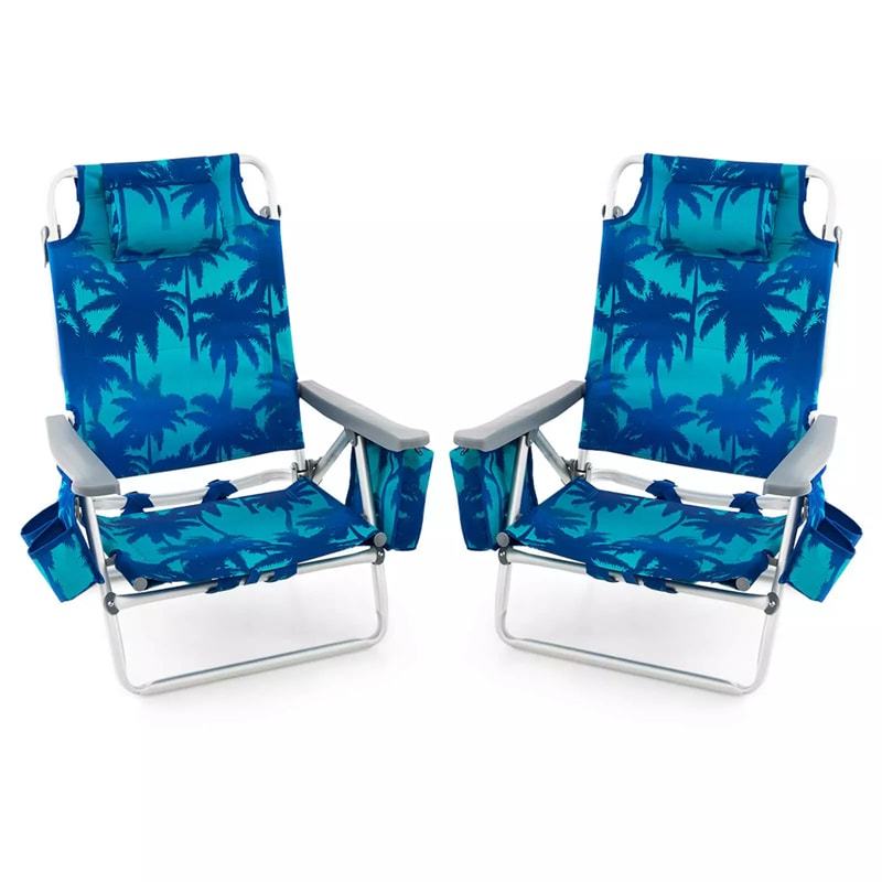 2 Pack Backpack Beach Chairs, Folding Camping Chairs 5-Position Reclining Beach Chairs with Armrests, Cooler Bag, Cup Holder, Side Pockets