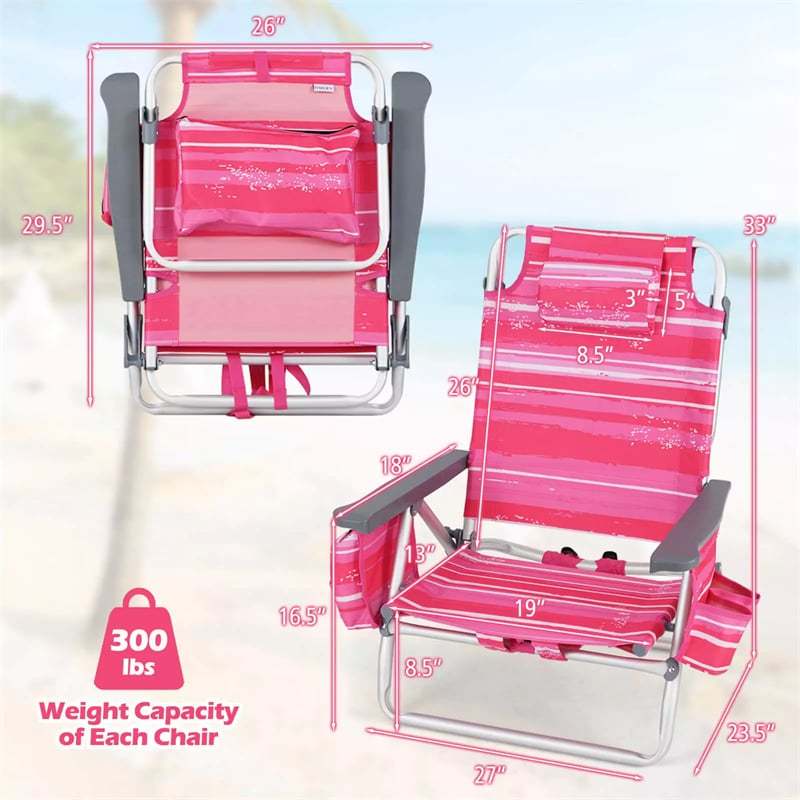2 Pack Backpack Beach Chairs, Folding Camping Chairs 5-Position Reclining Beach Chairs with Armrests, Cooler Bag, Cup Holder, Side Pockets