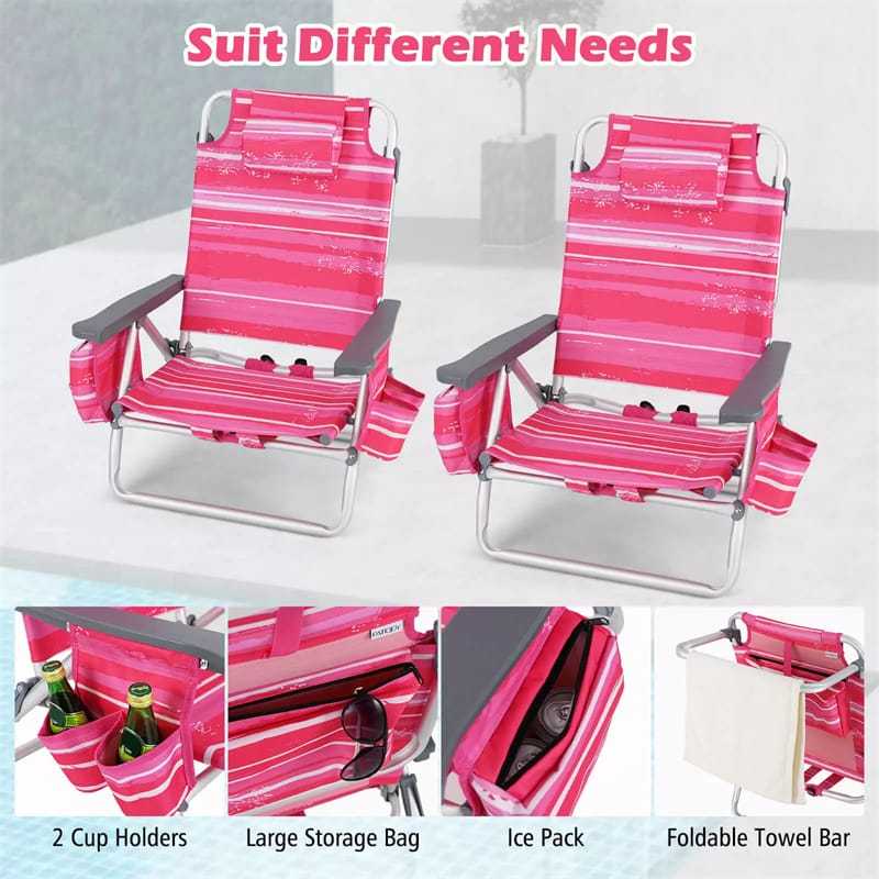2 Pack Backpack Beach Chairs, Folding Camping Chairs 5-Position Reclining Beach Chairs with Armrests, Cooler Bag, Cup Holder, Side Pockets