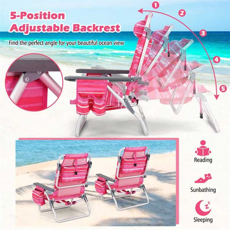 2 Pack Backpack Beach Chairs, Folding Camping Chairs 5-Position Reclining Beach Chairs with Armrests, Cooler Bag, Cup Holder, Side Pockets