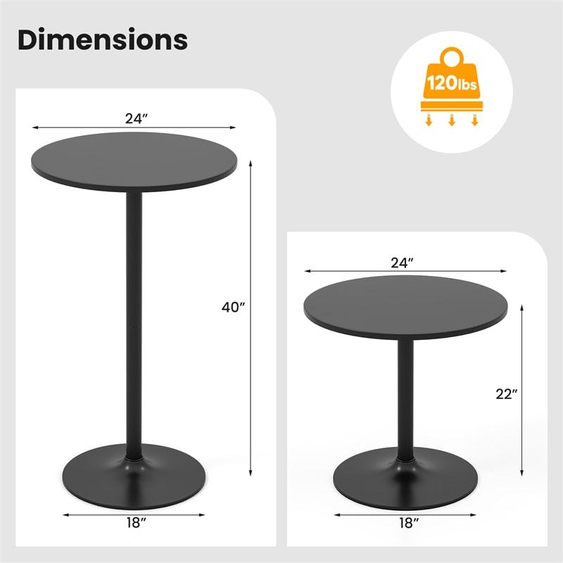 2PCS 2-in-1 Bar Table with Detachable Pole, Metal Base, Convertible 40"/22" Height, Cocktail Table, Round Pub Table for Living Room, Restaurant