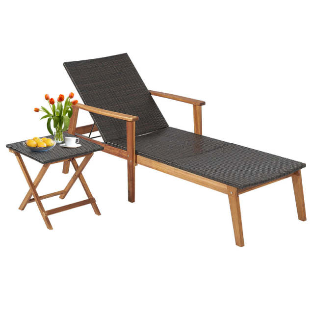 2-Piece Patio Rattan Chaise Lounge Chair with Folding Table, Acacia Wood Frame Adjustable Outdoor Recliner Set for Poolside, Backyard, Garden