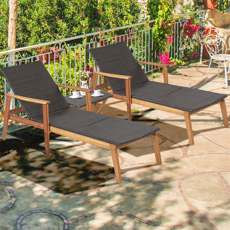 2-Piece Patio Rattan Chaise Lounge Chair with Folding Table, Acacia Wood Frame Adjustable Outdoor Recliner Set for Poolside, Backyard, Garden