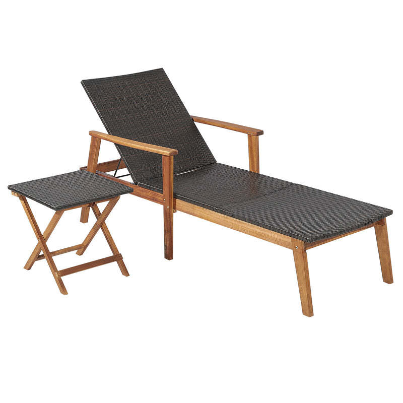 2-Piece Patio Rattan Chaise Lounge Chair with Folding Table, Acacia Wood Frame Adjustable Outdoor Recliner Set for Poolside, Backyard, Garden