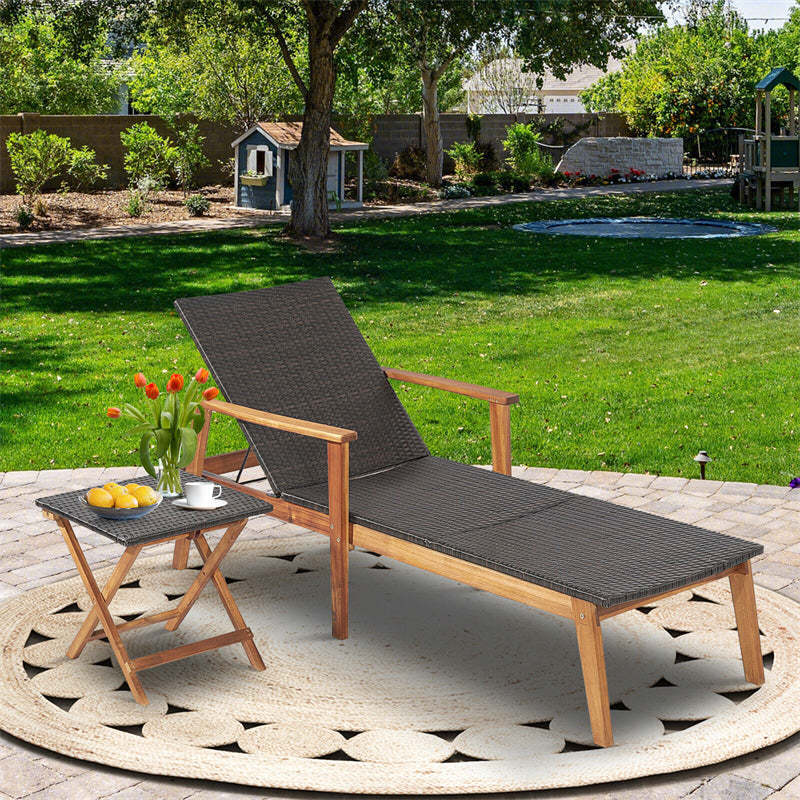 2-Piece Patio Rattan Chaise Lounge Chair with Folding Table, Acacia Wood Frame Adjustable Outdoor Recliner Set for Poolside, Backyard, Garden