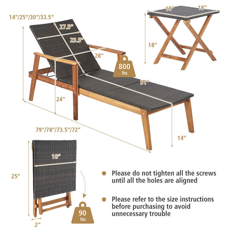 2-Piece Patio Rattan Chaise Lounge Chair with Folding Table, Acacia Wood Frame Adjustable Outdoor Recliner Set for Poolside, Backyard, Garden