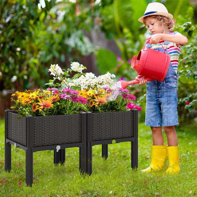 2-Pack Plastic Raised Garden Bed Kit, Self-Watering Elevated Planter Box with Removable Legs, Drainage Holes for Vegetables, Flowers, Indoor & Outdoor