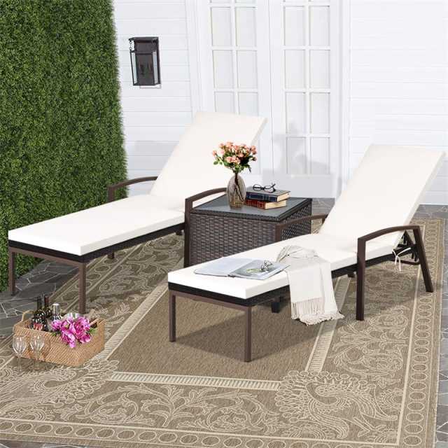 2PCS Wicker Outdoor Chaise Lounge Chairs with Cushions & 5 Adjustable Backrest, PE Rattan Patio Sun Loungers for Poolside, Backyard, Deck