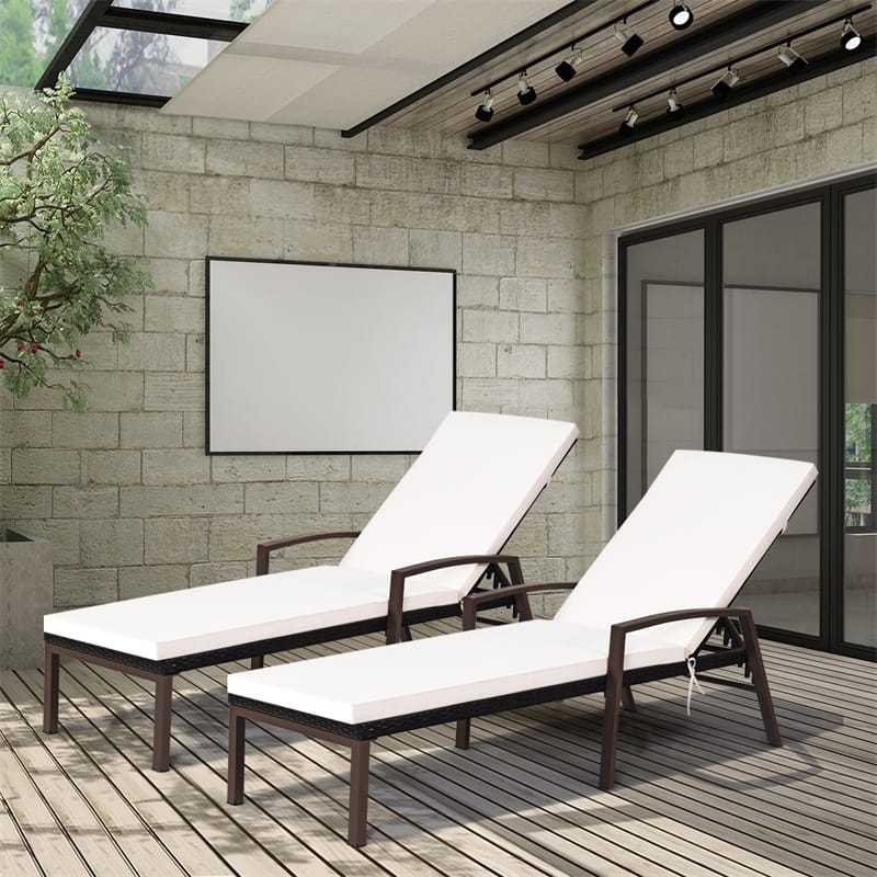 2PCS Wicker Outdoor Chaise Lounge Chairs with Cushions & 5 Adjustable Backrest, PE Rattan Patio Sun Loungers for Poolside, Backyard, Deck
