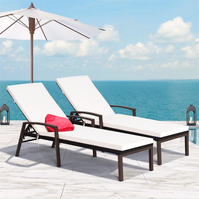 2PCS Wicker Outdoor Chaise Lounge Chairs with Cushions & 5 Adjustable Backrest, PE Rattan Patio Sun Loungers for Poolside, Backyard, Deck