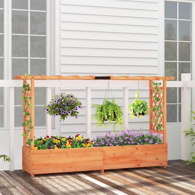 2PCS Raised Garden Bed with 2-Sided Trellis, Hanging Roof, Drainage Holes, Fir Wood Planter Box for Flowers, Herbs, Climbing Vines, Garden Patio Yard